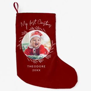 Rustic Wreath Leaf My first Christmas Baby Photo  Small Christmas Stocking