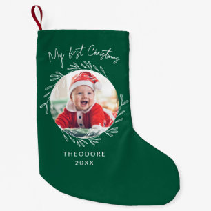 Rustic Wreath Leaf My first Christmas Baby Photo  Small Christmas Stocking