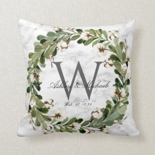 Rustic Wreath Marble Monogram Wedding Keepsake Cushion