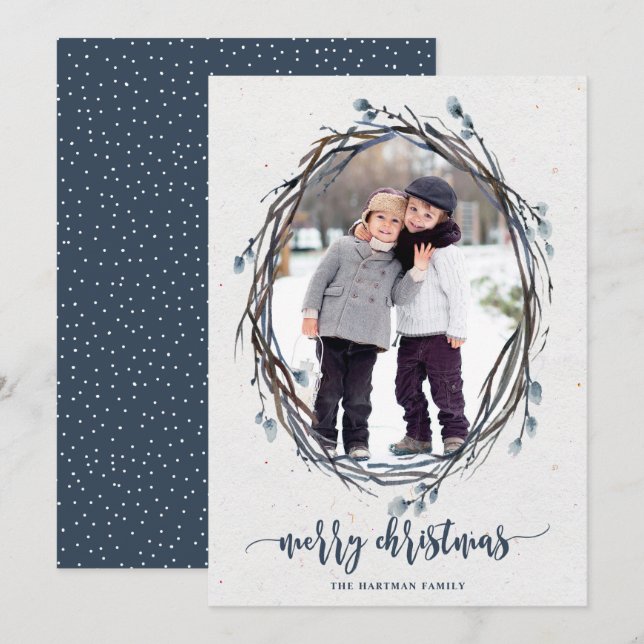 Rustic Wreath Merry Christmas Photo Navy Holiday Card (Front/Back)