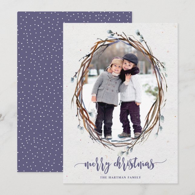 Rustic Wreath Merry Christmas Photo Purple Holiday Card (Front/Back)