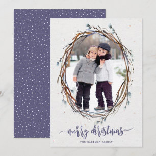 Rustic Wreath Merry Christmas Photo Purple Holiday Card