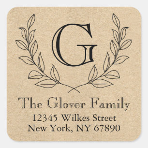 Rustic Wreath Monogram Kraft Paper Style Address Square Sticker