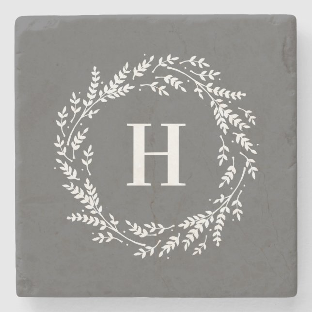 Rustic Wreath Monogram Stone Coaster (Front)