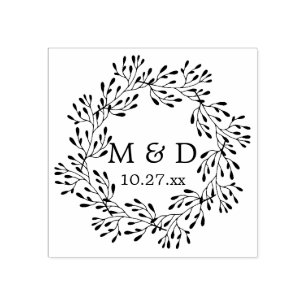 Rustic Wreath Monogram Wedding Rubber Stamp