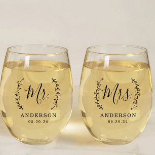 Rustic Wreath Mr. and Mrs. Newlywed Gift Stemless Wine Glass