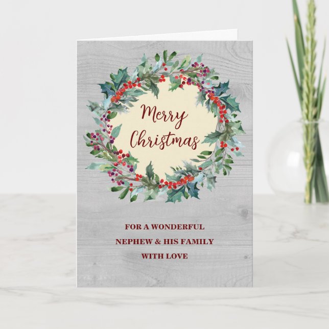 Rustic Wreath Nephew & Family Merry Christmas Card (Front)