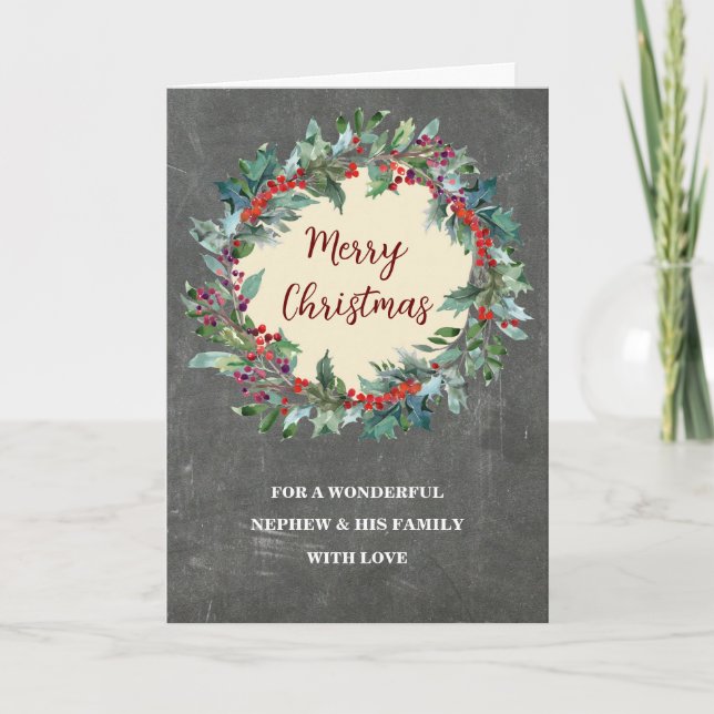 Rustic Wreath Nephew & Family Merry Christmas Card (Front)