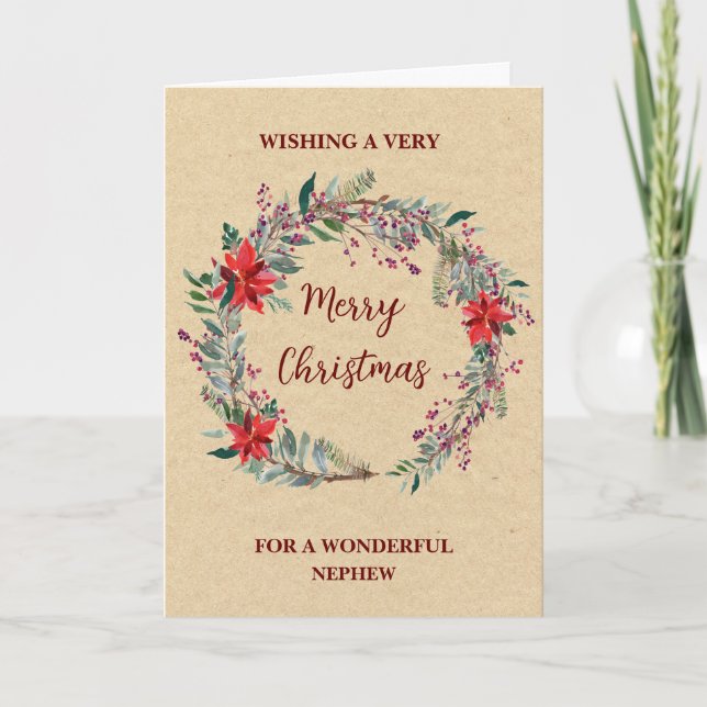 Rustic Wreath Nephew Merry Christmas Card (Front)