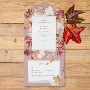 Rustic Wreath of Fall Leaves Burgundy Details All In One Invitation
