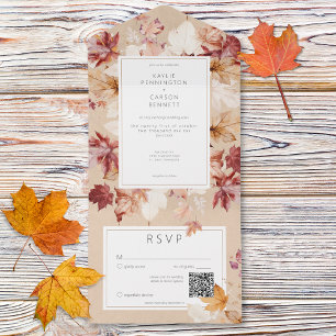 Rustic Wreath of Fall Leaves Tan QR Code All In One Invitation