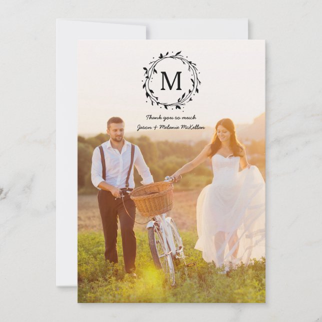 Rustic Wreath Overlay Monogram Wedding Thank You (Front)