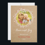 Rustic Wreath Peace and Joy Holiday Card Groupon<br><div class="desc">This elegant holiday card is ideal to send holiday wishes to family and friends. It features the drawing of a Christmas wreath in white with red details on a rustic texture background. Add a picture, the family name and year for a keepsake. This stylish card can be used for kids,...</div>