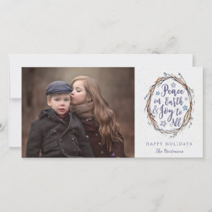 Rustic Wreath Peace on Earth Christmas Photo Holiday Card