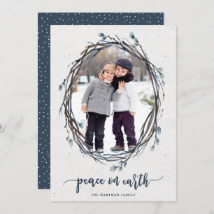 Rustic Wreath Peace on Earth Photo Navy Holiday Card