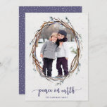 Rustic Wreath Peace on Earth Photo Purple Holiday Card<br><div class="desc">These stylish photo cards feature a watercolor willow wreath frame in purple,  light teal,  and beige / tan / brown over a rustic,  worn paper look background. Elegant typography reads,  "Peace on Earth" in a matching purple. For product or design enquiries,  please contact me (Tracey) at orabellaprints@outlook.com.</div>