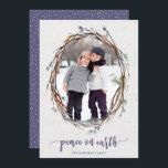 Rustic Wreath Peace on Earth Photo Purple Holiday Card<br><div class="desc">These stylish photo cards feature a watercolor willow wreath frame in purple,  light teal,  and beige / tan / brown over a rustic,  worn paper look background. Elegant typography reads,  "Peace on Earth" in a matching purple. For product or design enquiries,  please contact me (Tracey) at orabellaprints@outlook.com.</div>