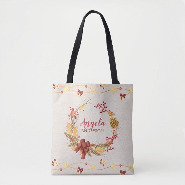 Rustic Wreath Personalised Christmas Xmas Tote Bag (Front)