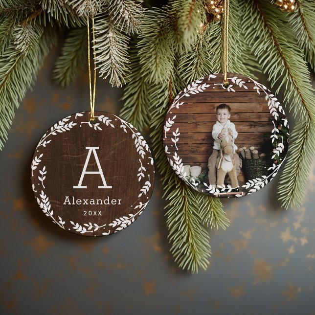 Rustic Wreath Photo and Monogram Keepsake Ceramic Tree Decoration (Creator Uploaded)
