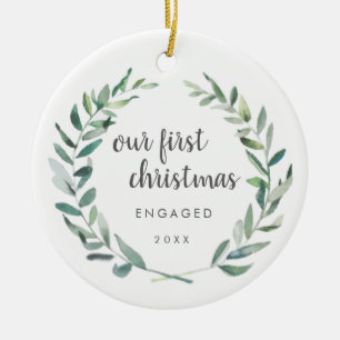 Rustic Wreath Photo Our First Christmas Engaged  Ceramic Tree Decoration
