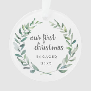 Rustic Wreath Photo Our First Christmas Engaged Ornament