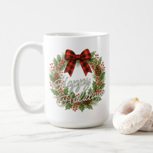 Rustic Wreath Red Black Checkered Bow Holiday Card Coffee Mug