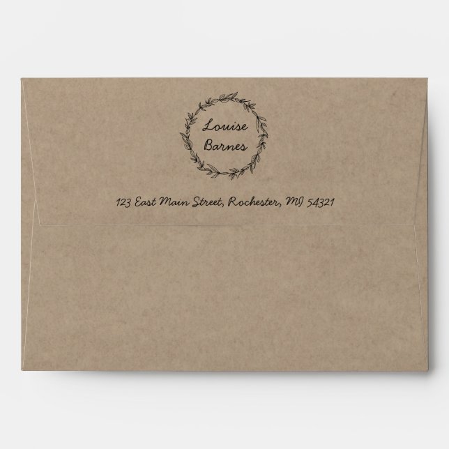 Rustic wreath return address on brown paper envelope (Back (Top Flap))