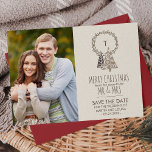 Rustic Wreath Save the Date Christmas Photo<br><div class="desc">This rustic wreath save the date christmas photo card doubles as a holiday greeting and a save the date card. The design features your engagement photo, and a simple wreath with your last initial monogram overlaid with beige and brown christmas trees. The card reads "merry christmas from the soon-to-be mr...</div>