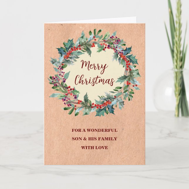 Rustic Wreath Son & Family Merry Christmas Card (Front)