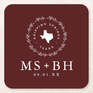 Rustic Wreath Texas Wedding Monogram   Burgundy Square Paper Coaster