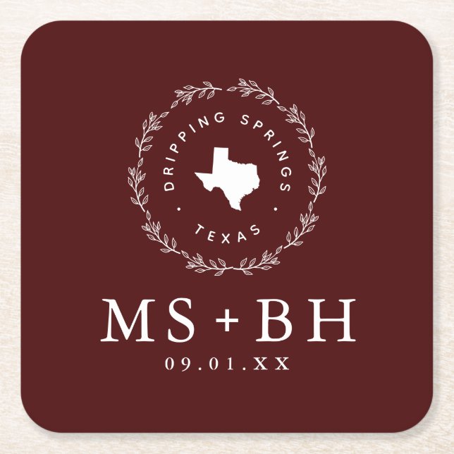 Rustic Wreath Texas Wedding Monogram | Burgundy Square Paper Coaster (Front)