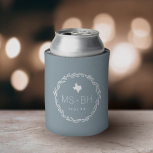 Rustic Wreath Texas Wedding Monogram   Dusty Blue Can Cooler