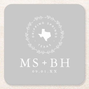 Rustic Wreath Texas Wedding Monogram Grey Square Paper Coaster