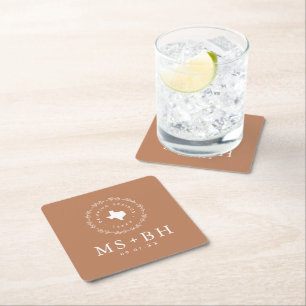 Rustic Wreath Texas Wedding Monogram Terra Cotta Square Paper Coaster