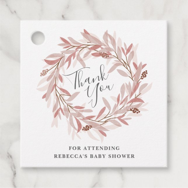 Rustic wreath thank you shower favour tag (Front)