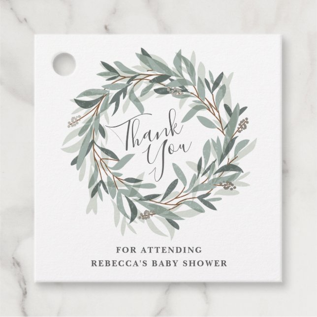 Rustic wreath thank you shower favour tag (Front)
