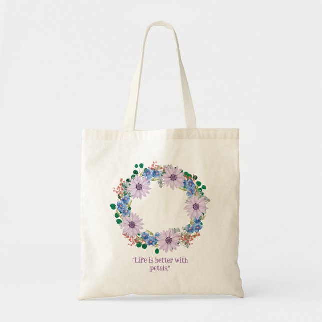 Rustic Wreath Tote Bag with Purple Daises (Front)
