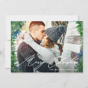 Rustic Wreath Two Photo Merry Christmas Script Holiday Card
