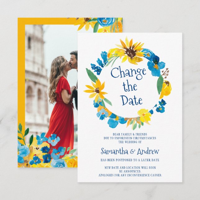 Rustic wreath watercolor change date wedding invitation (Front/Back)