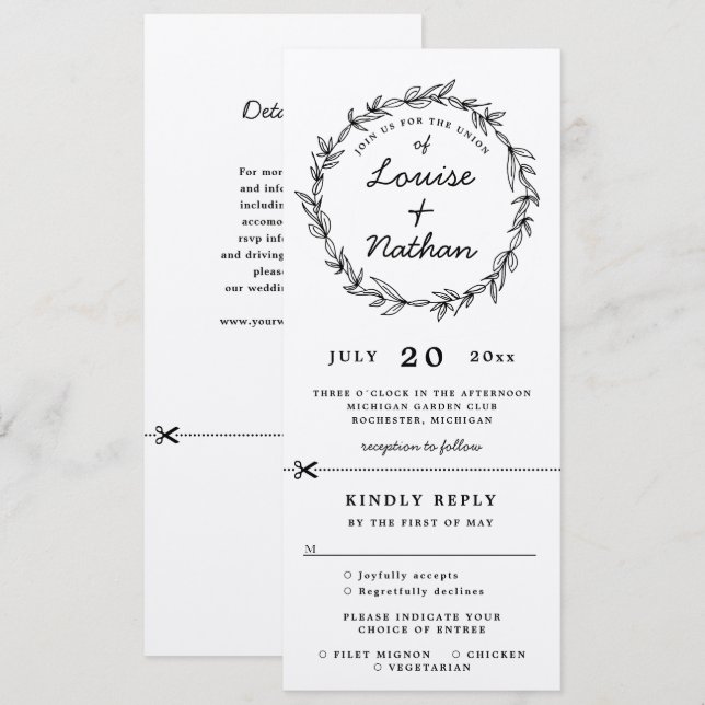 Rustic wreath wedding invitation rsvp attached (Front/Back)