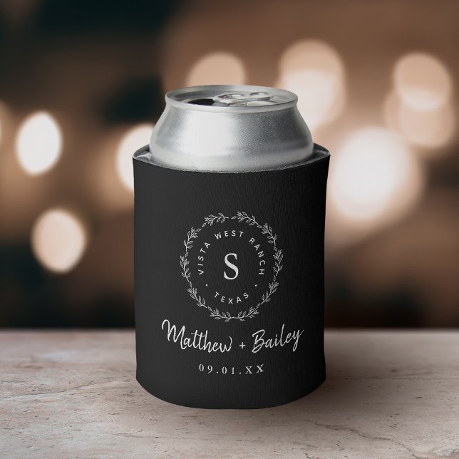 Rustic Wreath Wedding Monogram | Black Can Cooler (Creator Uploaded)