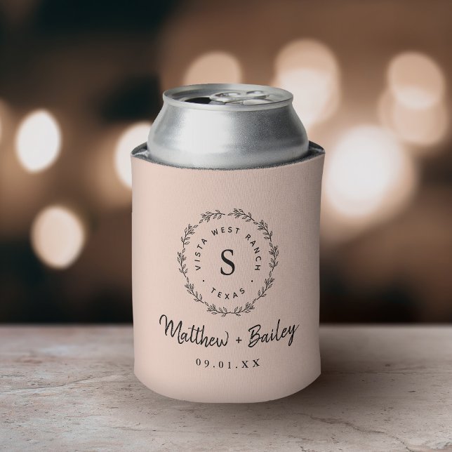 Rustic Wreath Wedding Monogram | Blush Can Cooler (Creator Uploaded)