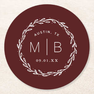 Rustic Wreath Wedding Monogram   Burgundy Round Paper Coaster