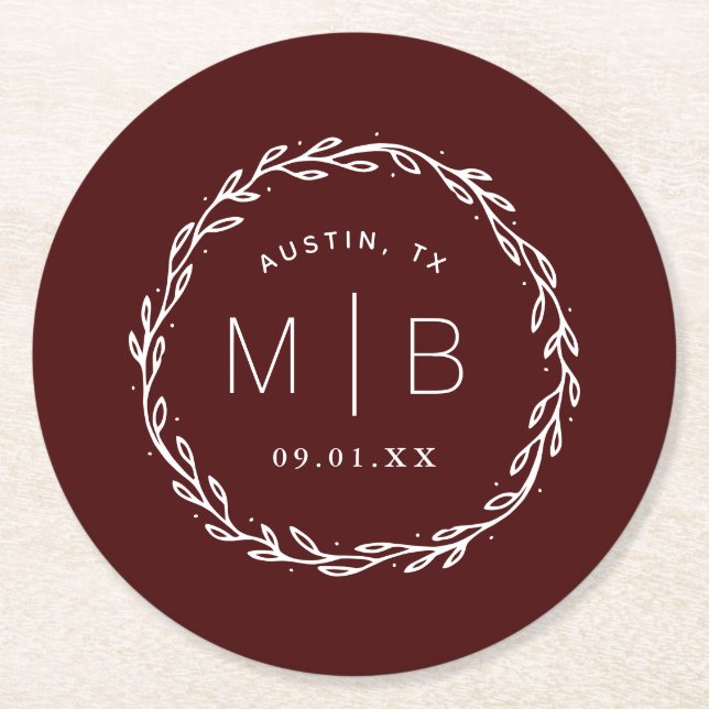 Rustic Wreath Wedding Monogram | Burgundy Round Paper Coaster (Front)