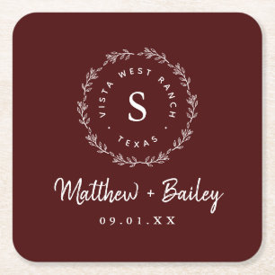 Rustic Wreath Wedding Monogram   Burgundy Square Paper Coaster