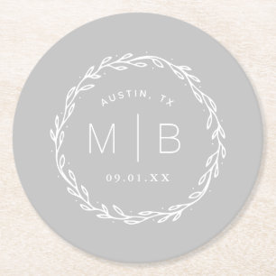 Rustic Wreath Wedding Monogram Grey Round Paper Coaster