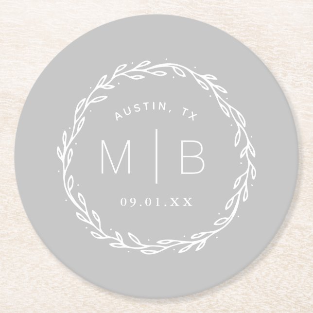Rustic Wreath Wedding Monogram | Grey Round Paper Coaster (Front)