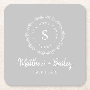 Rustic Wreath Wedding Monogram Grey Square Paper Coaster