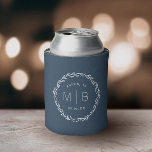 Rustic Wreath Wedding Monogram   Lake Blue Can Cooler