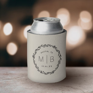 Rustic Wreath Wedding Monogram   Light Beige Can Cooler